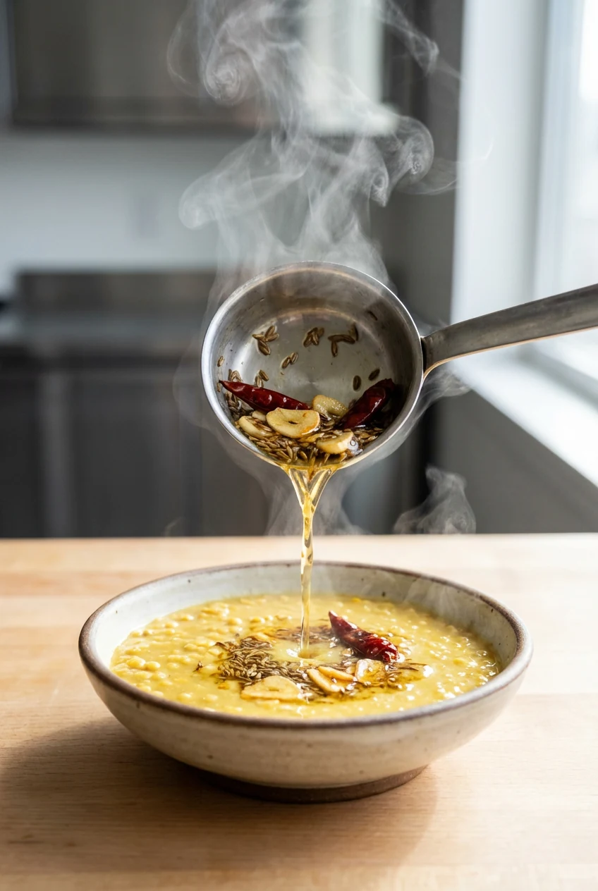 Dal Tadka tempering being poured over creamy yellow lentils: sizzling cumin seeds, golden garlic slices, and dried red c