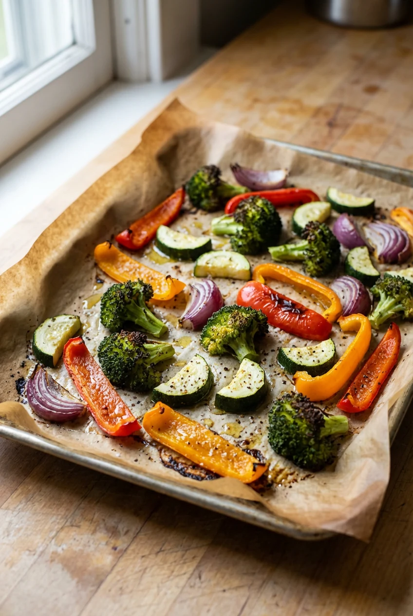 1. Close-up of high-heat roasted vegetables (broccoli florets, bell pepper strips, zucchini half-moons, red onion wedges