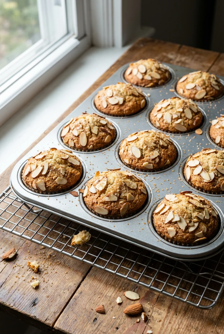 Just-baked almond flour muffins in a lined 12-cup pan on a cooling rack, domed tops with golden edges, sliced almonds an