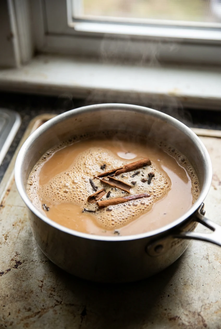 Close-up of masala chai at the lively simmer stage in a small saucepan after milk and sweetener, creamy rich-tan color w