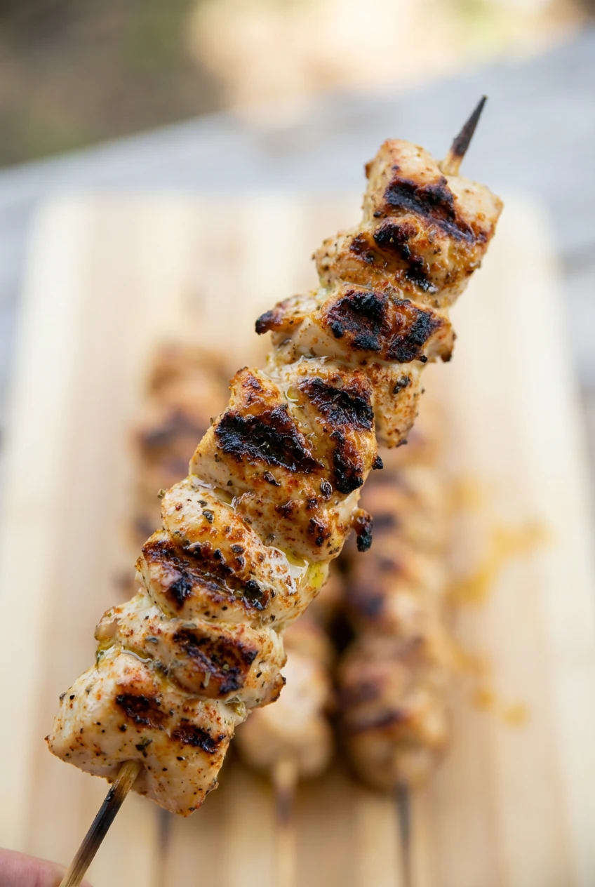 1. Close-up detail: Flame-kissed chicken souvlaki on skewers with glossy olive oil sheen, smoky charred edges, paprika-o