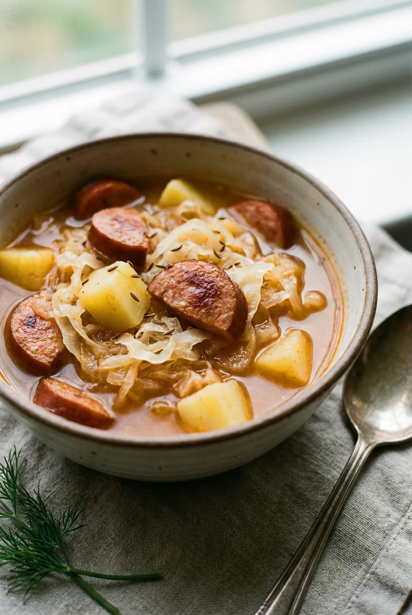 Close-up detail of browned smoked kielbasa half-moons, sauerkraut ribbons, and tender Yukon Gold cubes in paprika-tinted