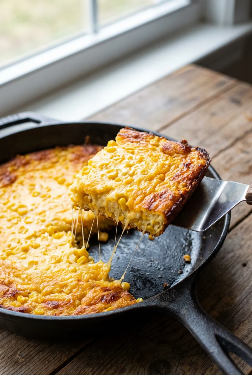 1. Close-up of a square of Jiffy sweet corn casserole being lifted from a buttered cast-iron skillet, crisp golden edges