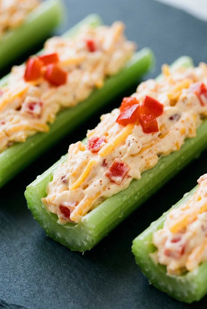 Close-up detail of pimento cheese stuffed celery: creamy, fluffy blend with sharp cheddar strands, diced red pimentos, a