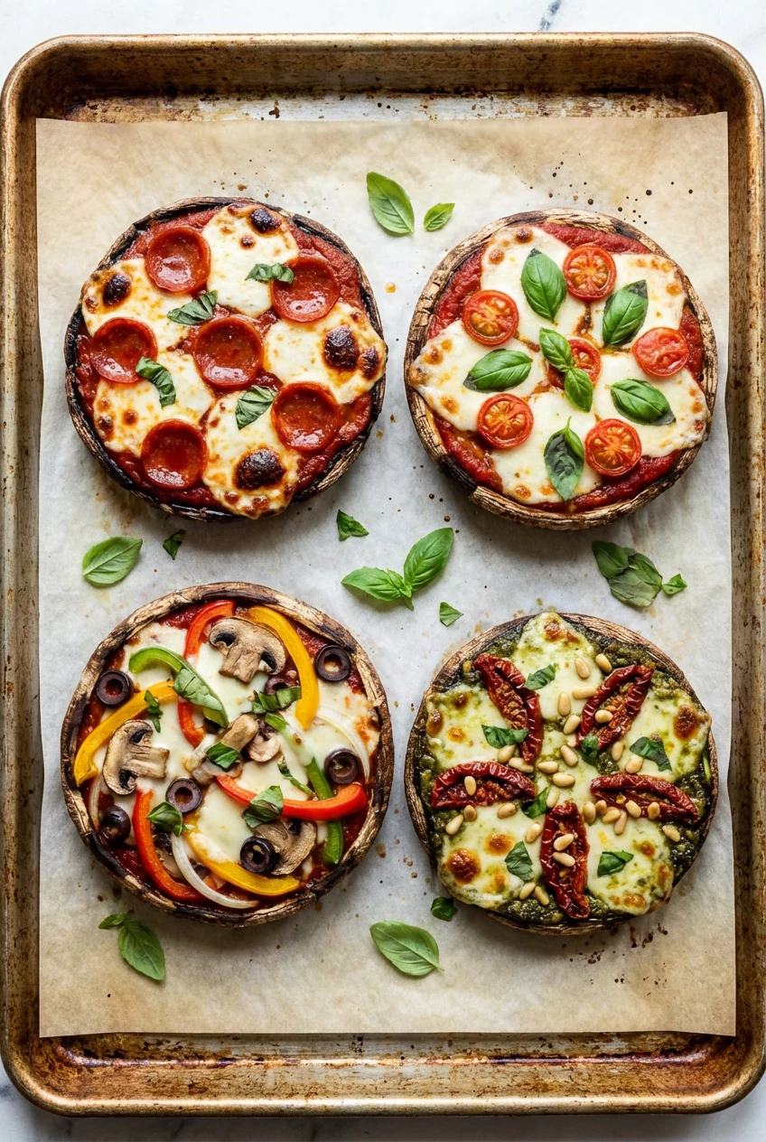 Overhead shot of parchment-lined rimmed sheet pan with four portobello pizzas just baked—sauce kept inside the rims, eve