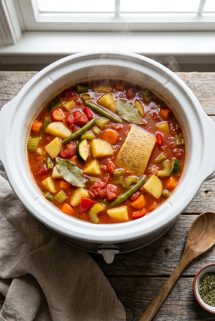 Overhead shot of slow cooker turkey vegetable soup mid-simmer: tender Yukon Gold potatoes, carrots, celery, green beans,