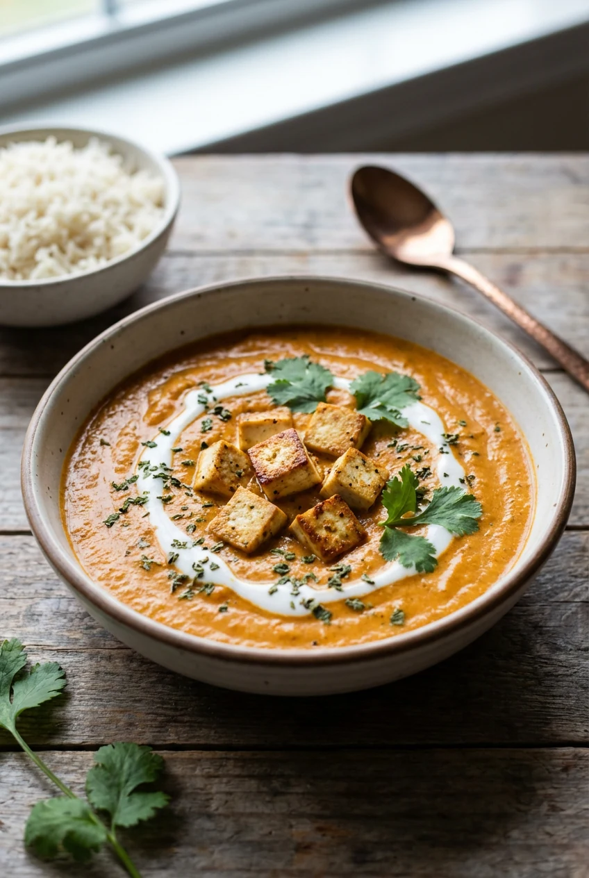 Beautifully plated Vegan Tofu Butter Masala: pan-seared tofu in a silky cashew-cream tomato masala with mild Kashmiri ch