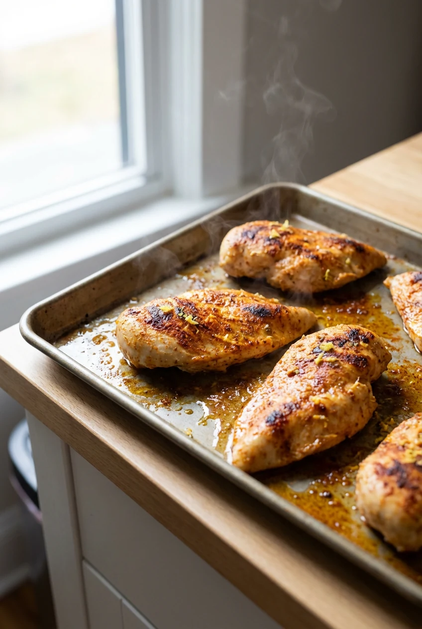 2. Cooking process: paprika–cumin–oregano seasoned chicken breast pieces just broiled 1–2 minutes on a sheet pan—golden,
