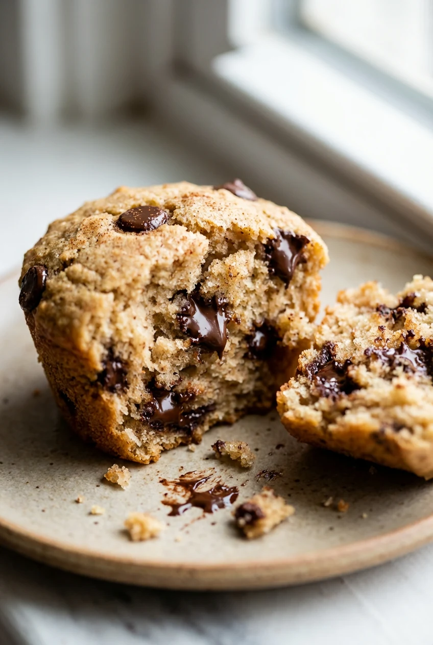 Close-up of a warm almond flour muffin torn open, showing moist tender crumb with glossy melted dark chocolate chips and
