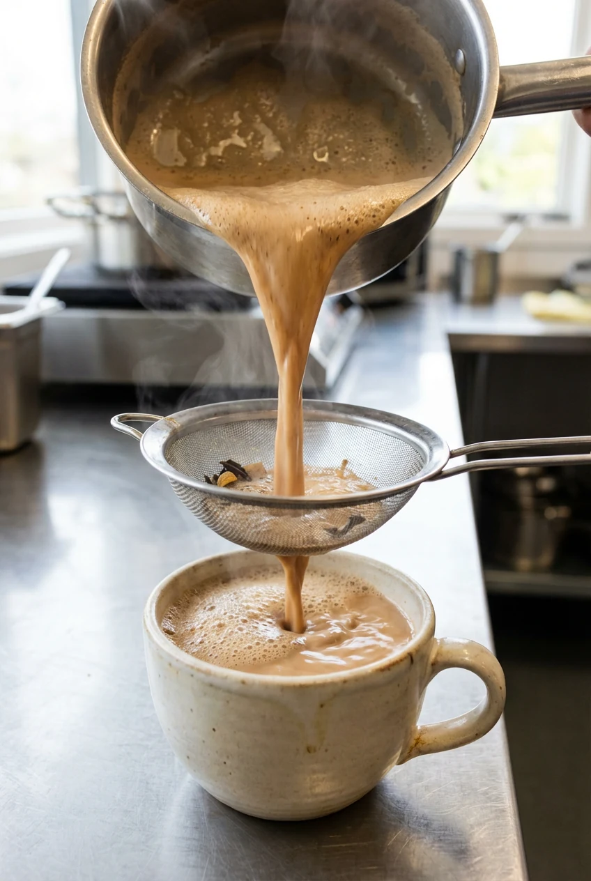 Masala chai being strained through a fine-mesh sieve into a ceramic mug, captured mid-pour to show café-like froth and s