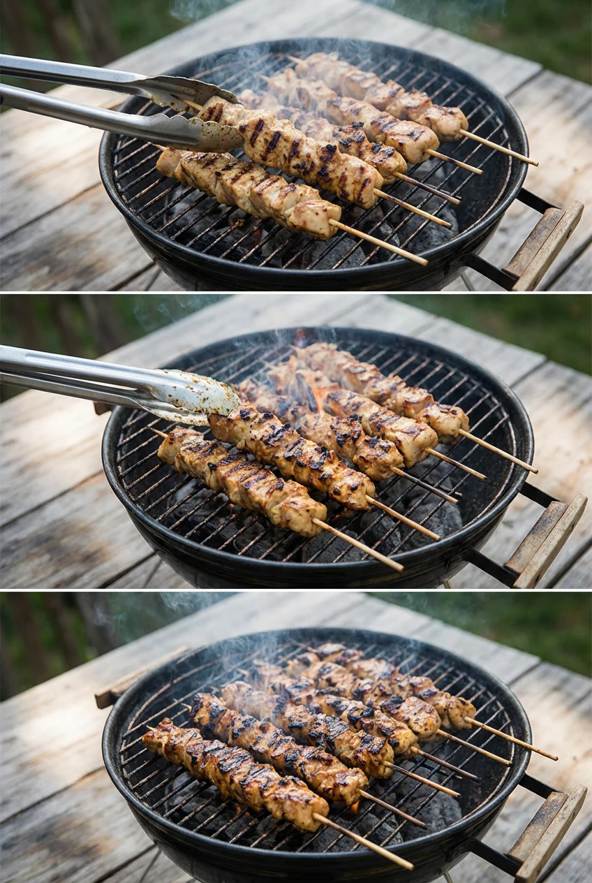 2. Cooking process: Chicken souvlaki skewers spaced on a medium-high grill, turning with metal tongs, visible grill mark