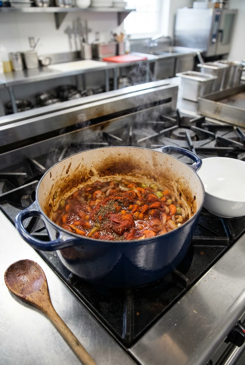 Cooking process: enameled Dutch oven with aromatics coated in tomato paste, sweet paprika, and crushed caraway, rich red