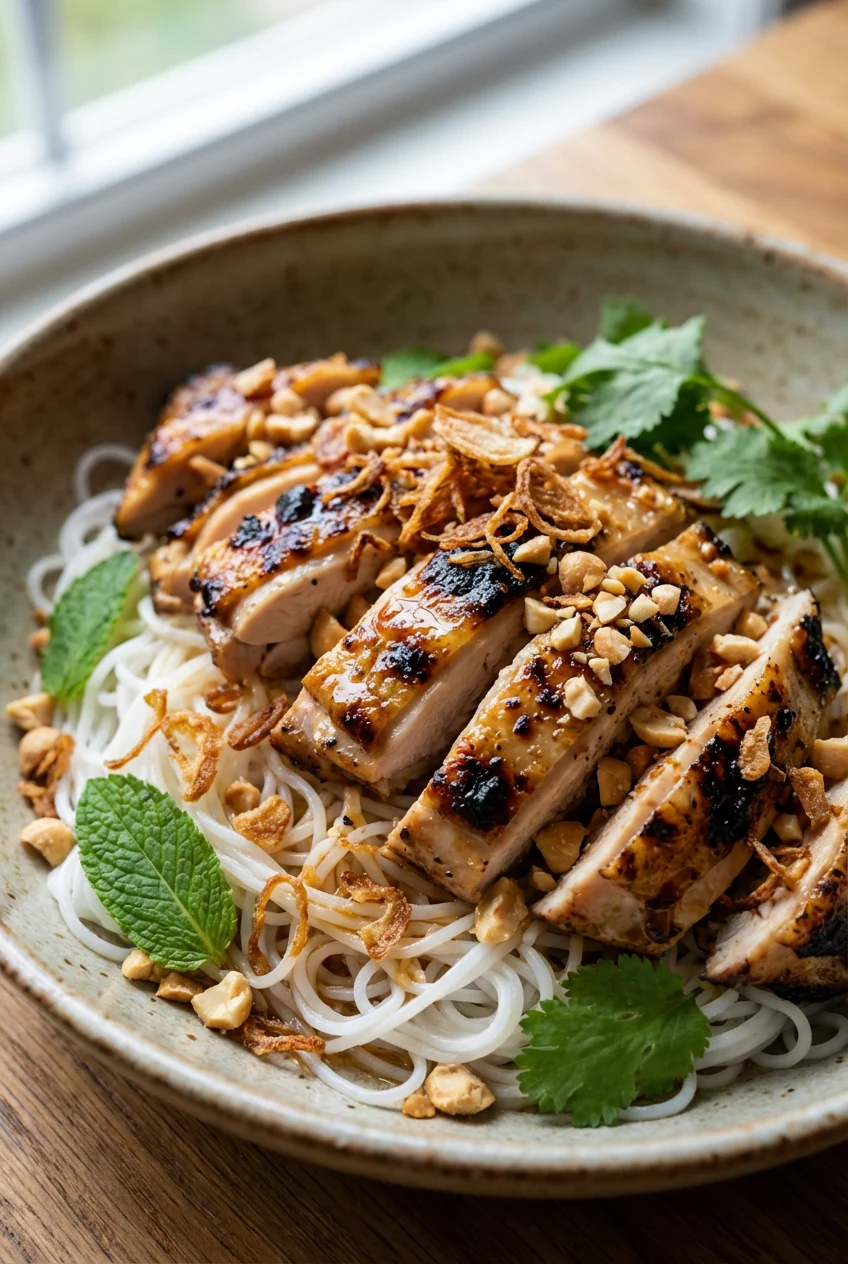 Close-up of sliced charred lemongrass chicken over cool rice vermicelli, light nuoc cham glaze, crispy fried shallots an