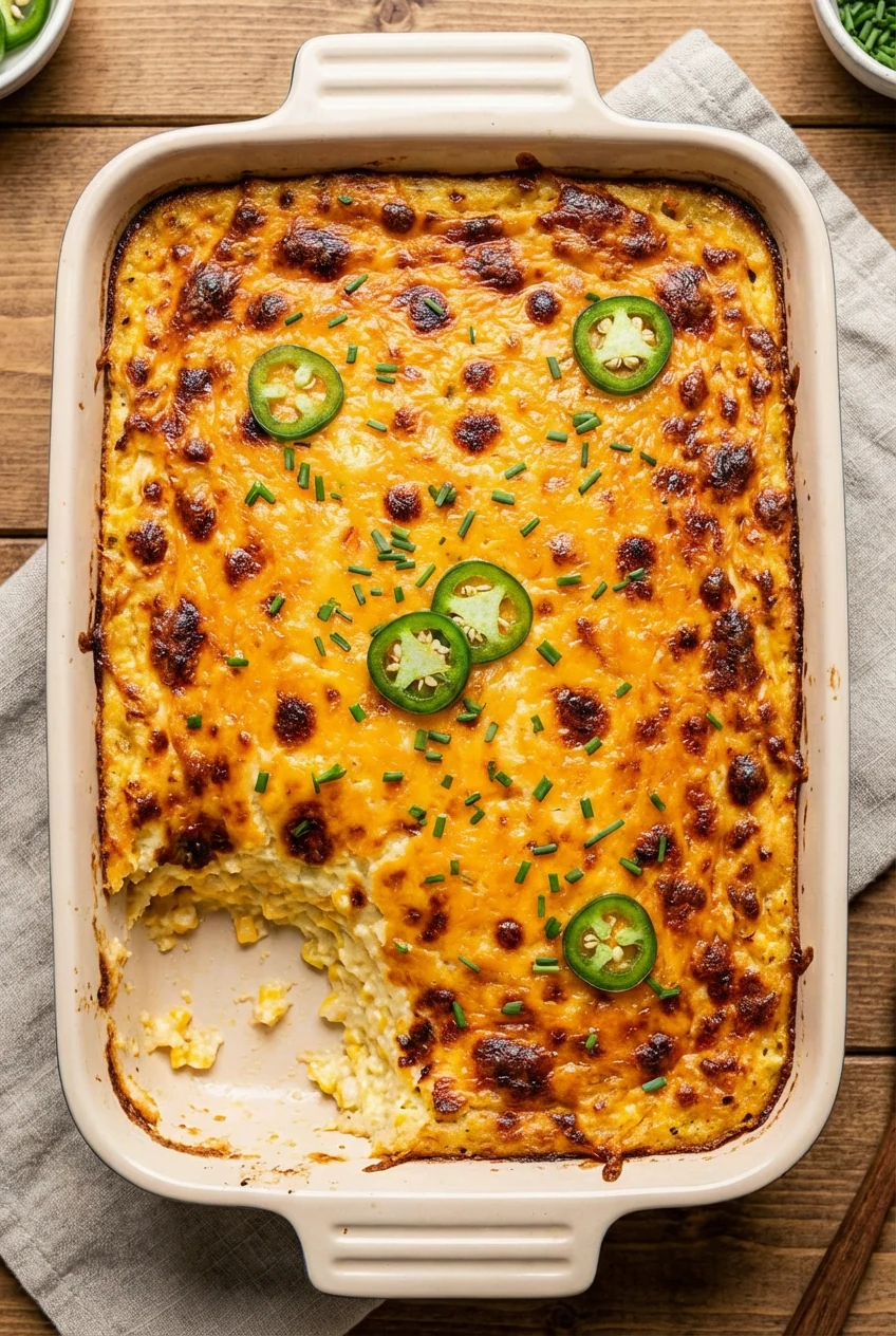 2. Overhead shot of freshly baked corn casserole in a 9x13 pan, evenly browned cheddar lid with light blistering, garnis