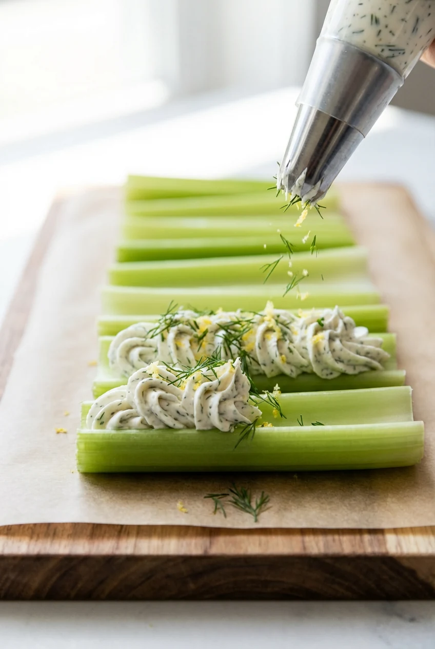 Cooking process shot: herbed cream cheese being piped with a star tip into celery channels, swirls forming neatly in a r