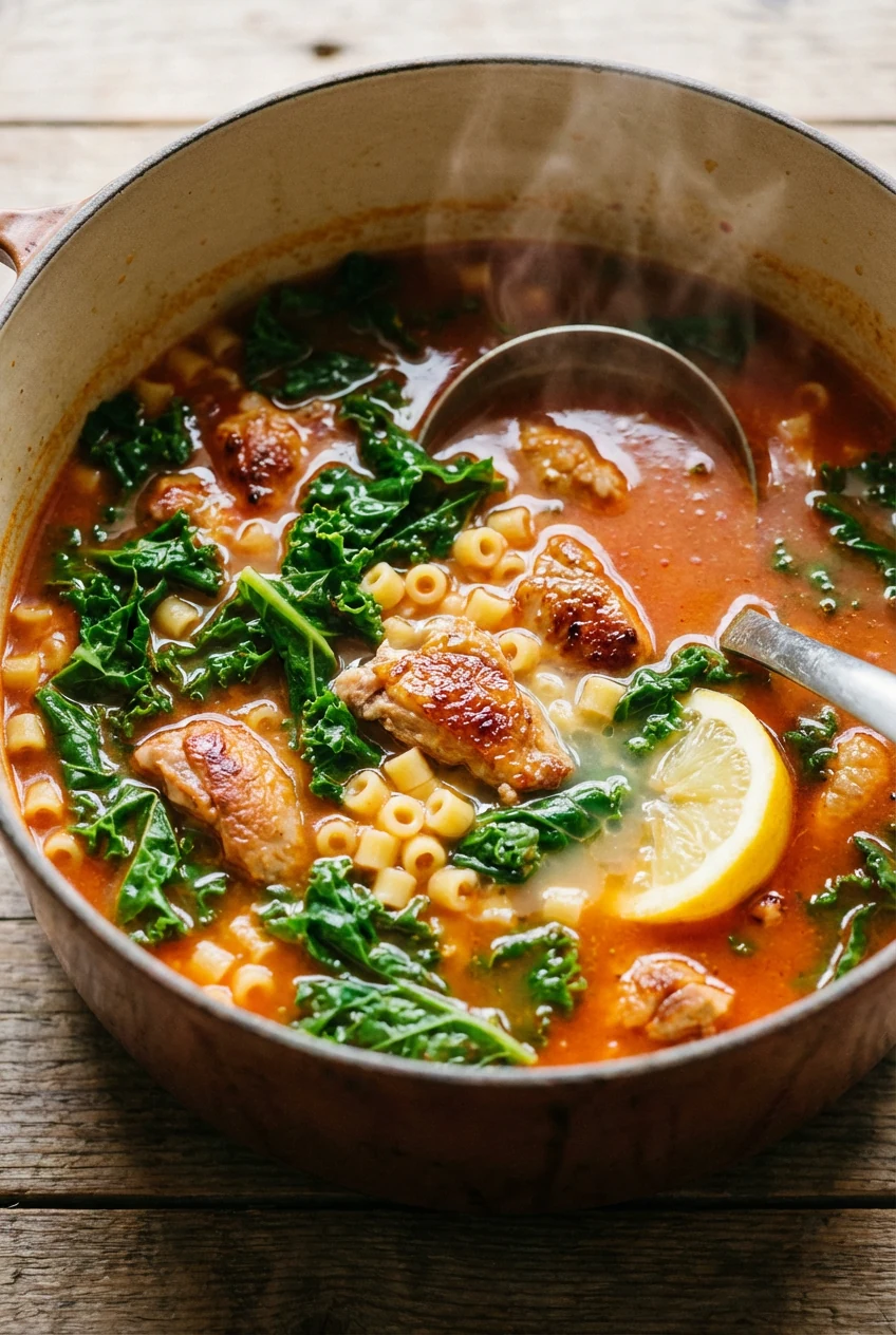 Cooking process, 3/4 angle: finish step with bright kale ribbons and small ditalini pasta just al dente swirling through
