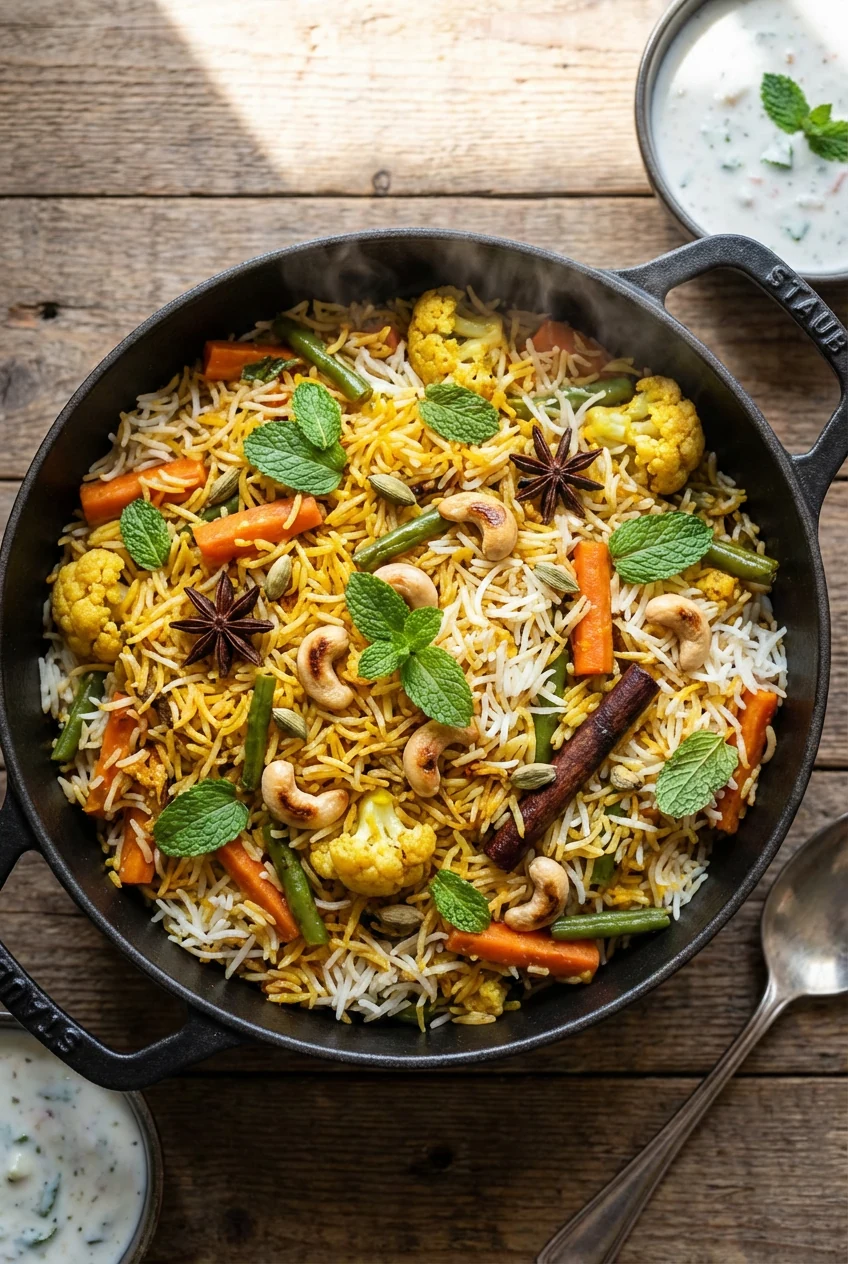 Overhead shot of Vegetable Biryani: fluffy saffron-stained basmati layered with spiced carrots, green beans, and caulifl