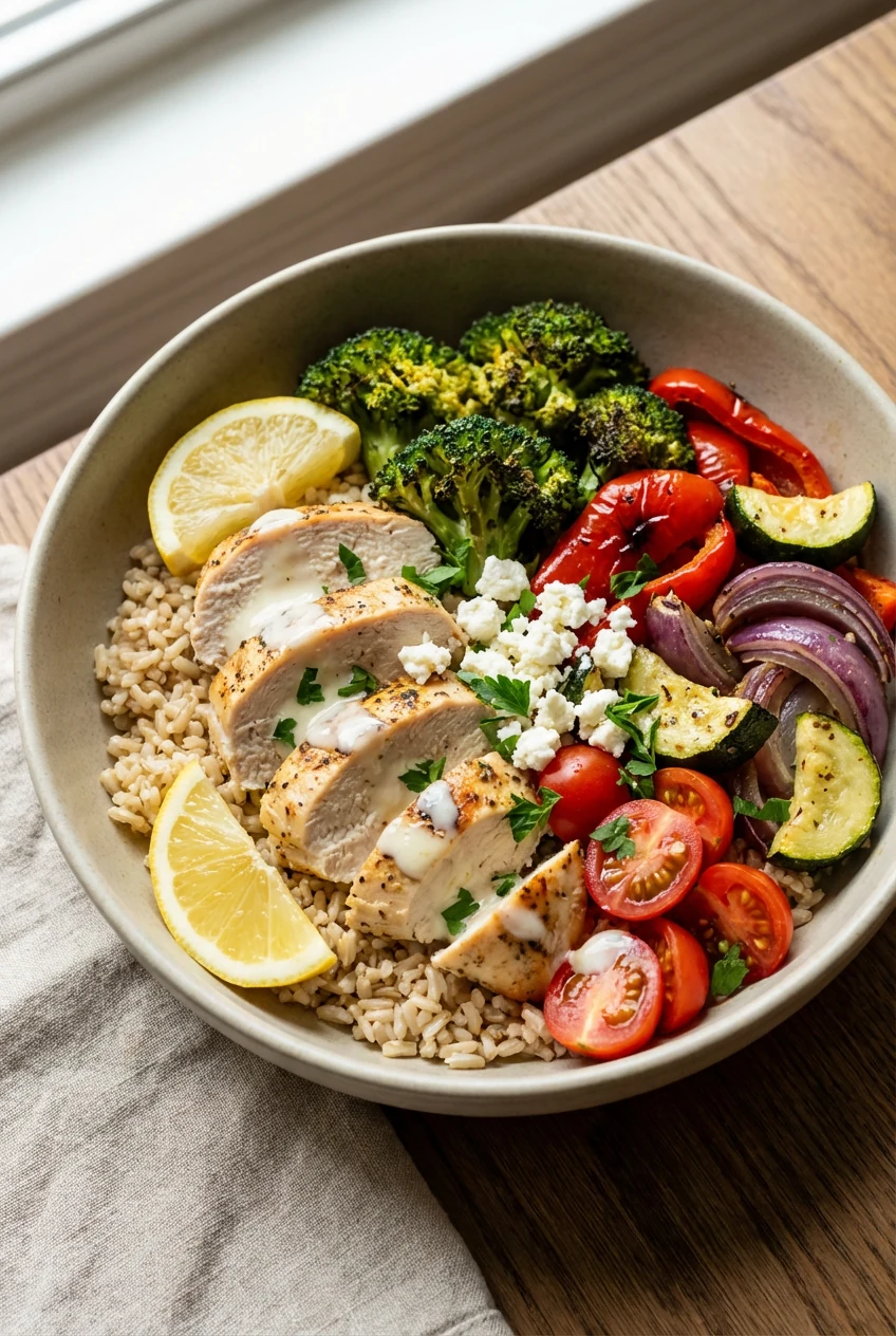 3. Final dish: beautifully plated chicken meal prep bowl—brown rice or quinoa base topped with juicy roasted chicken, ca