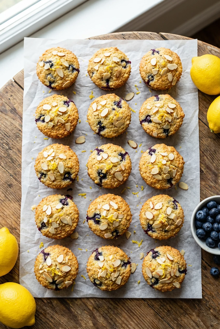 Overhead shot of lemon blueberry almond flour muffins on parchment, neatly arranged, vibrant indigo berry bursts and fle