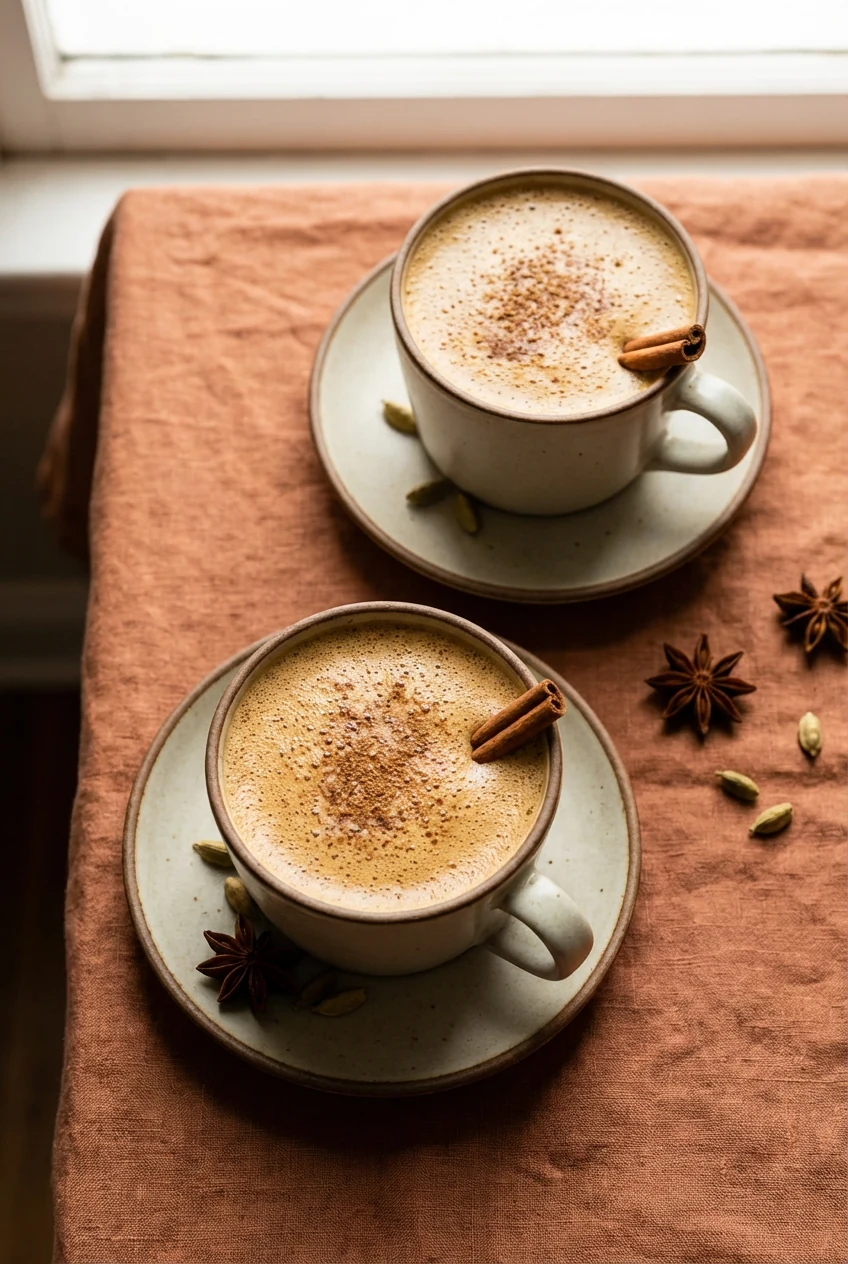 Overhead shot of two generous mugs of masala chai, glossy rich-tan surface with a light nutmeg dusting and a small cinna