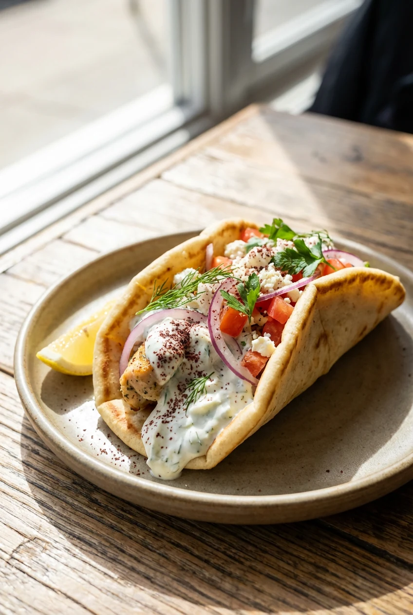 3. Final dish: Souvlaki pita wrap loaded with juicy chicken, generous creamy tzatziki, thin red onion, tomatoes, dill/pa
