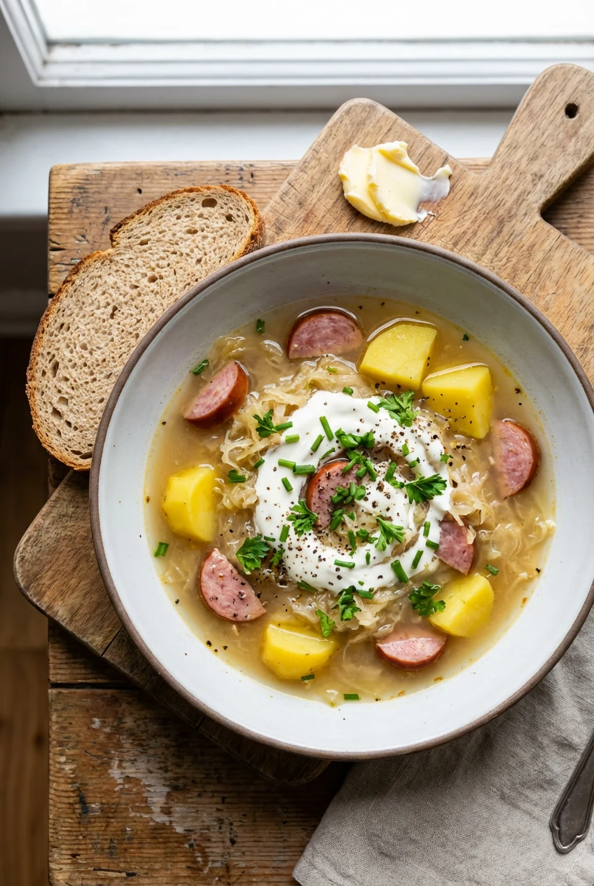 Overhead shot of German sauerkraut soup in a wide bowl: sour cream swirl, chive/parsley shower, cracked black pepper; sa