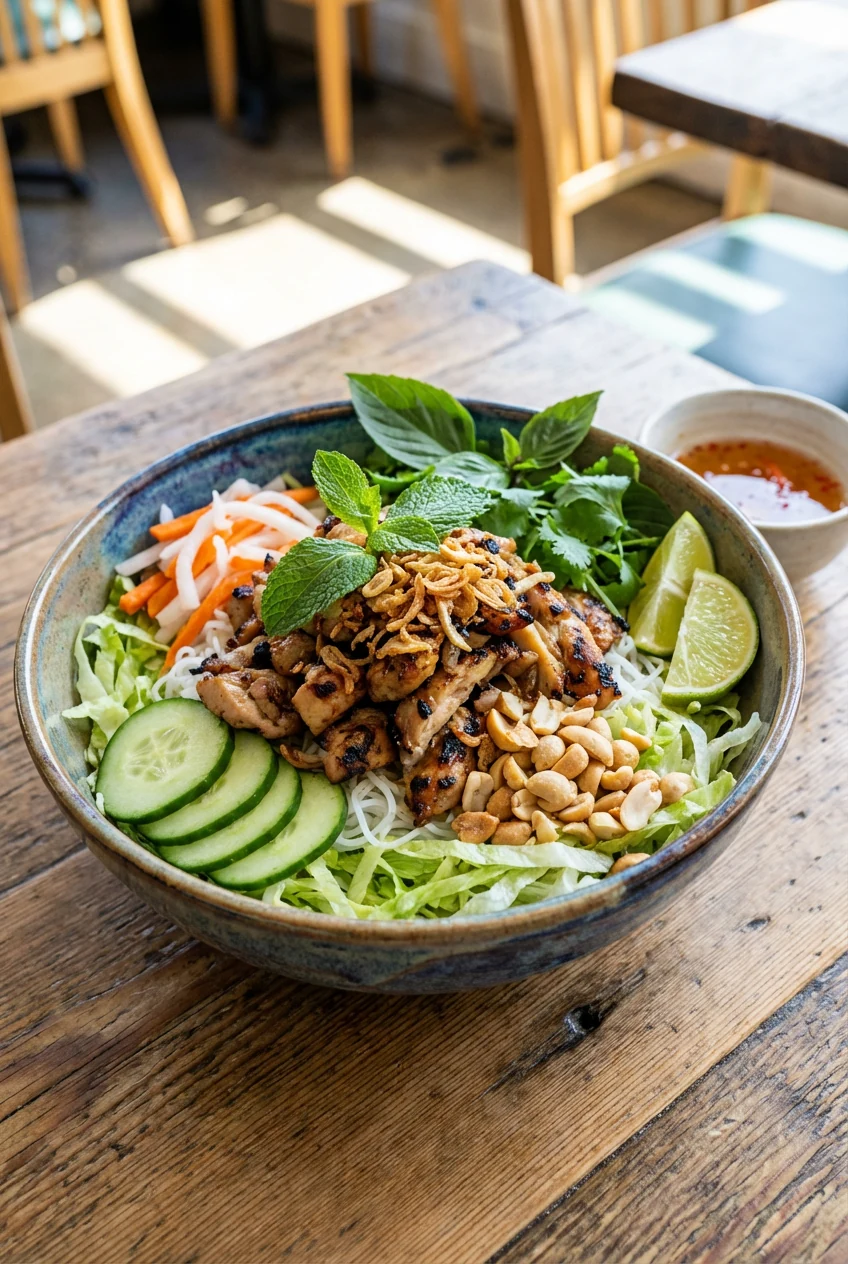 Beautifully plated Vietnamese vermicelli bowl: lettuce base, noodles, cucumber, pickled carrot/daikon, piled sliced lemo