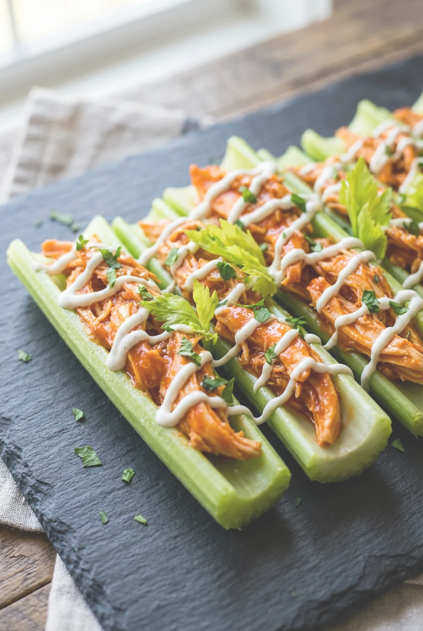 45-degree final dish of buffalo chicken + ranch celery boats: vivid orange-red shredded chicken tucked into chilled, sna