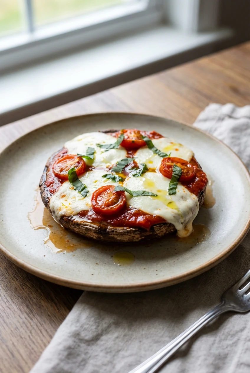 Beautifully plated margherita portobello pizza cap on matte ceramic plate: glossy sauce, stretchy mozzarella, cherry tom