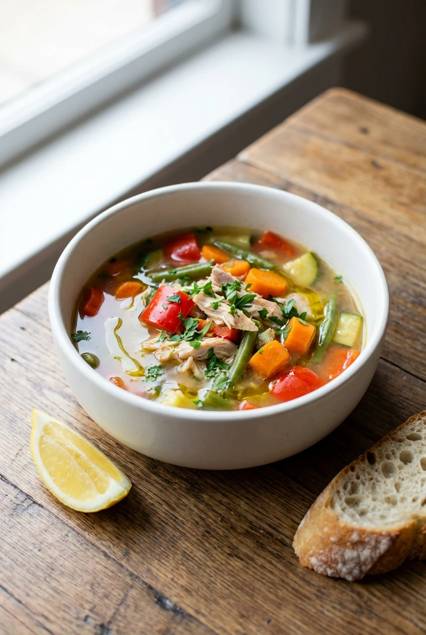 Final presentation: beautifully plated turkey vegetable soup in a matte white bowl, vibrant pops of red bell pepper, ora