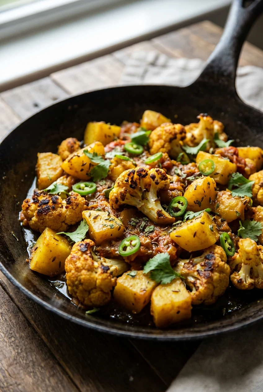 Close-up of Aloo Gobi: charred-edge cauliflower and turmeric-gold potato cubes tossed in a reduced tomato-onion masala, 
