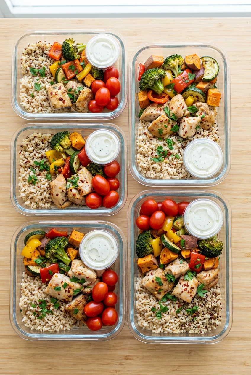 4. Tasty top view: overhead grid of five open meal-prep containers—neatly portioned brown rice/quinoa, roasted chicken p