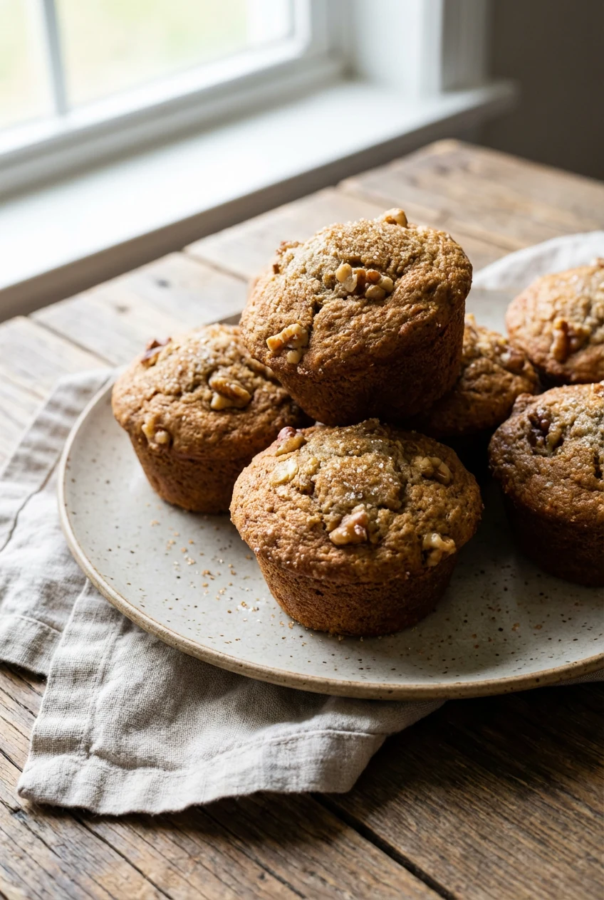 Beautifully plated banana walnut almond flour muffins stacked on a matte ceramic plate, domed tops with visible walnut p