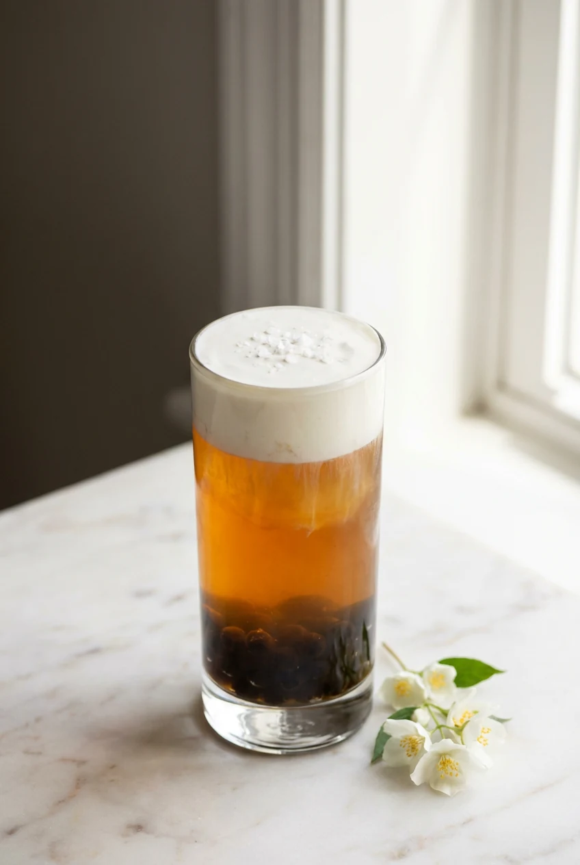 Final presentation: Jasmine Tea with Salted Cheese Foam in a clear glass with pearls at bottom, amber tea, thick salted 