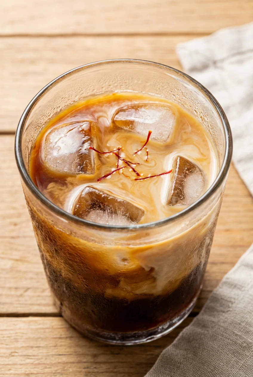 Top-down view of iced masala chai: strong chai concentrate over ice with cold milk swirling into a marbled caramel gradi