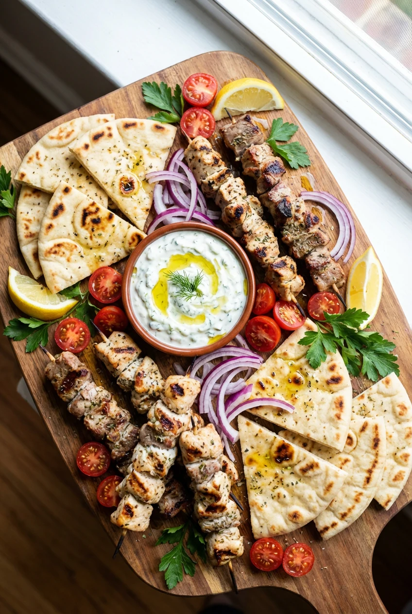 4. Tasty top view: Overhead platter with cooked souvlaki off skewers, warm pitas with light char, small bowl of thick tz