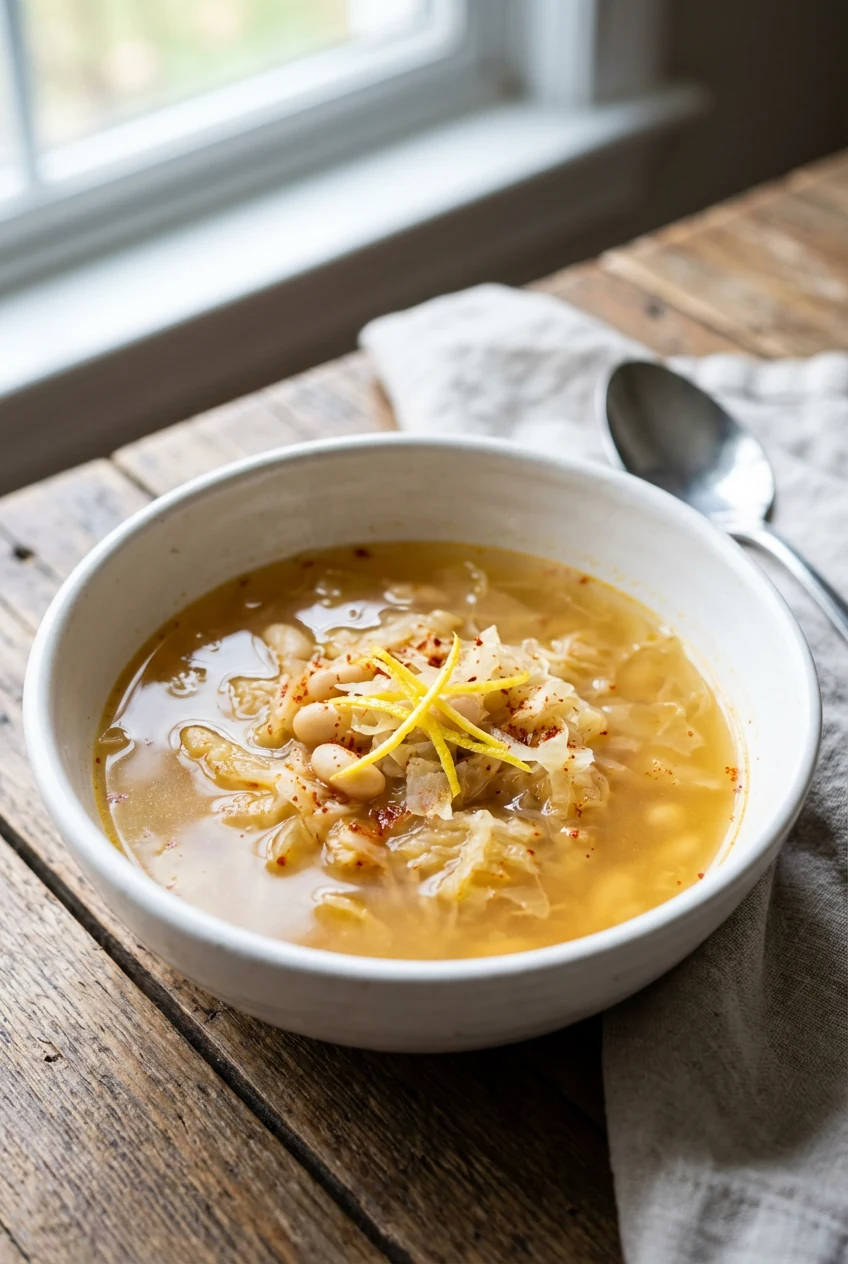 Final plated, light-and-brothy variation: vegetarian sauerkraut soup with white beans, lemon zest finish, smoked paprika