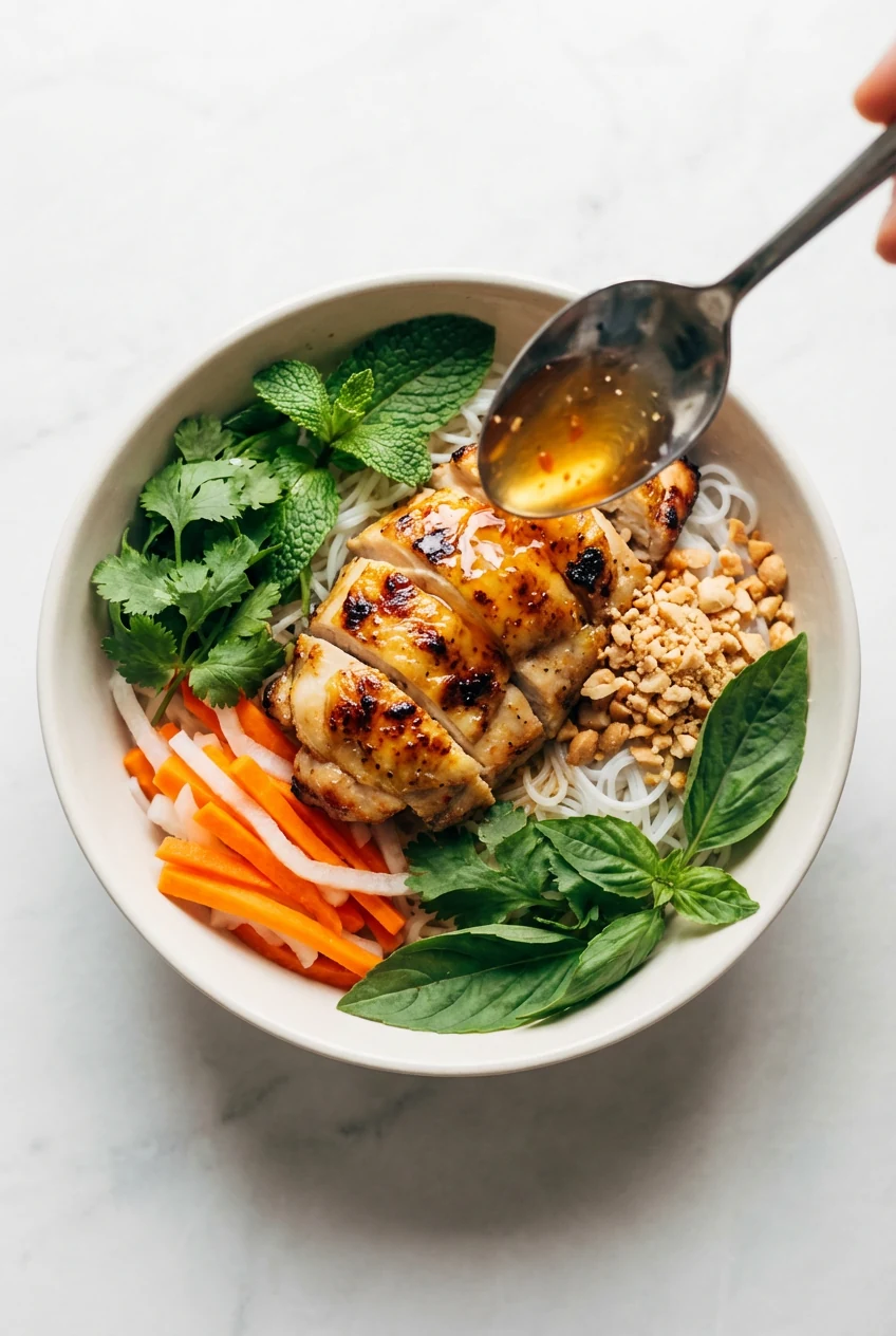 Overhead shot of bún as glossy nuoc cham is spooned over chicken and noodles (spoon only, no hand), with bright orange p