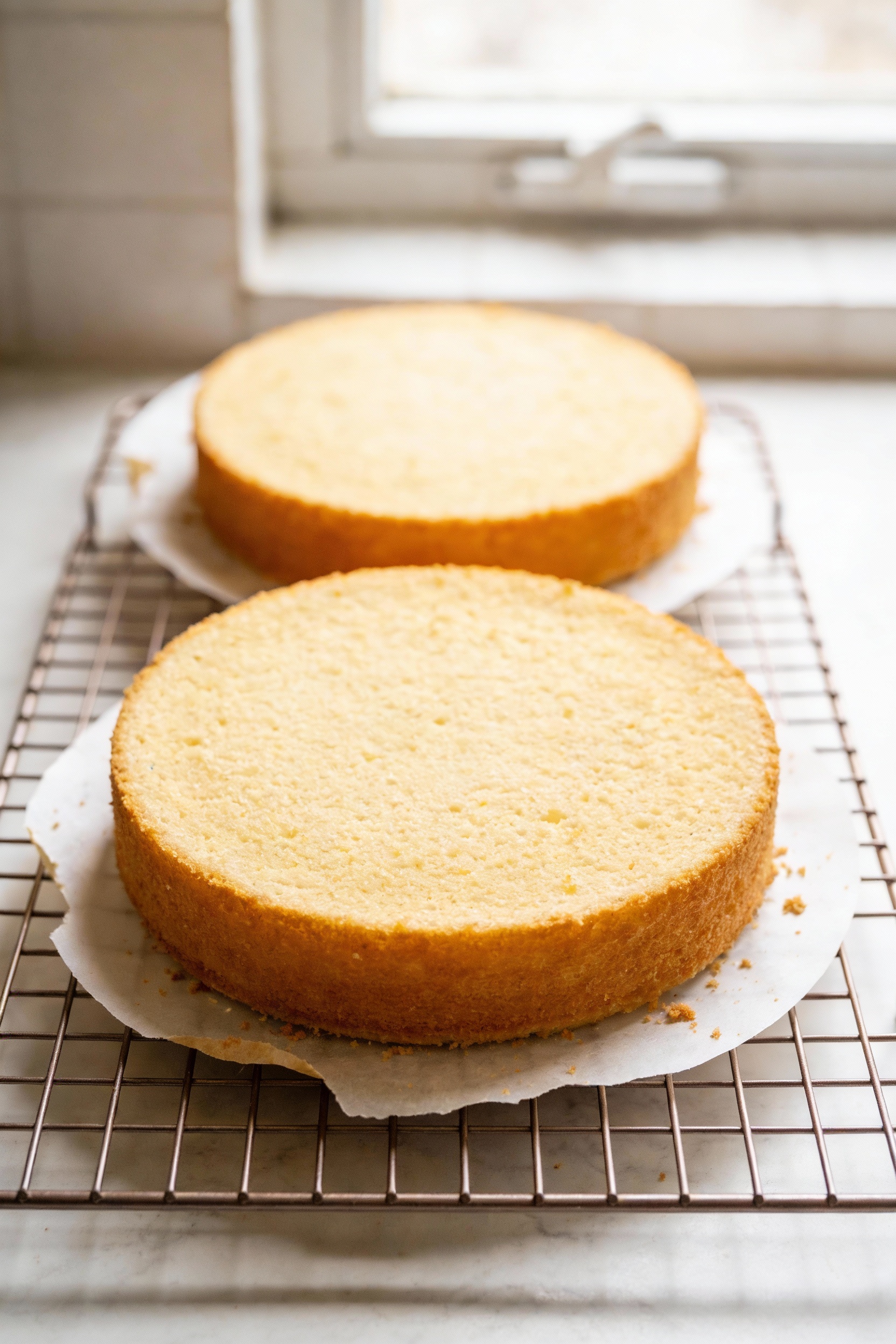 1. Cooking process: two baked 8-inch vanilla butter cake layers cooling on a wire rack, tops golden and flat, parchment 