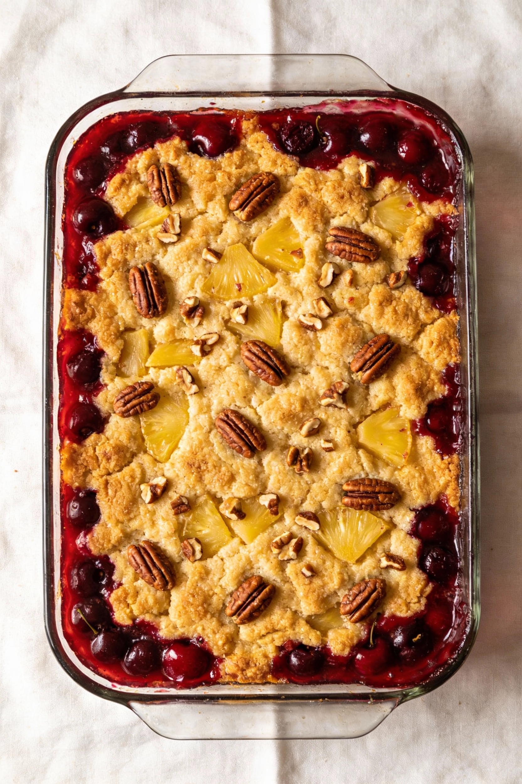 Overhead shot of a freshly baked cherry-pineapple dump cake in a 9x13 glass baking dish, golden buttery crust with scatt