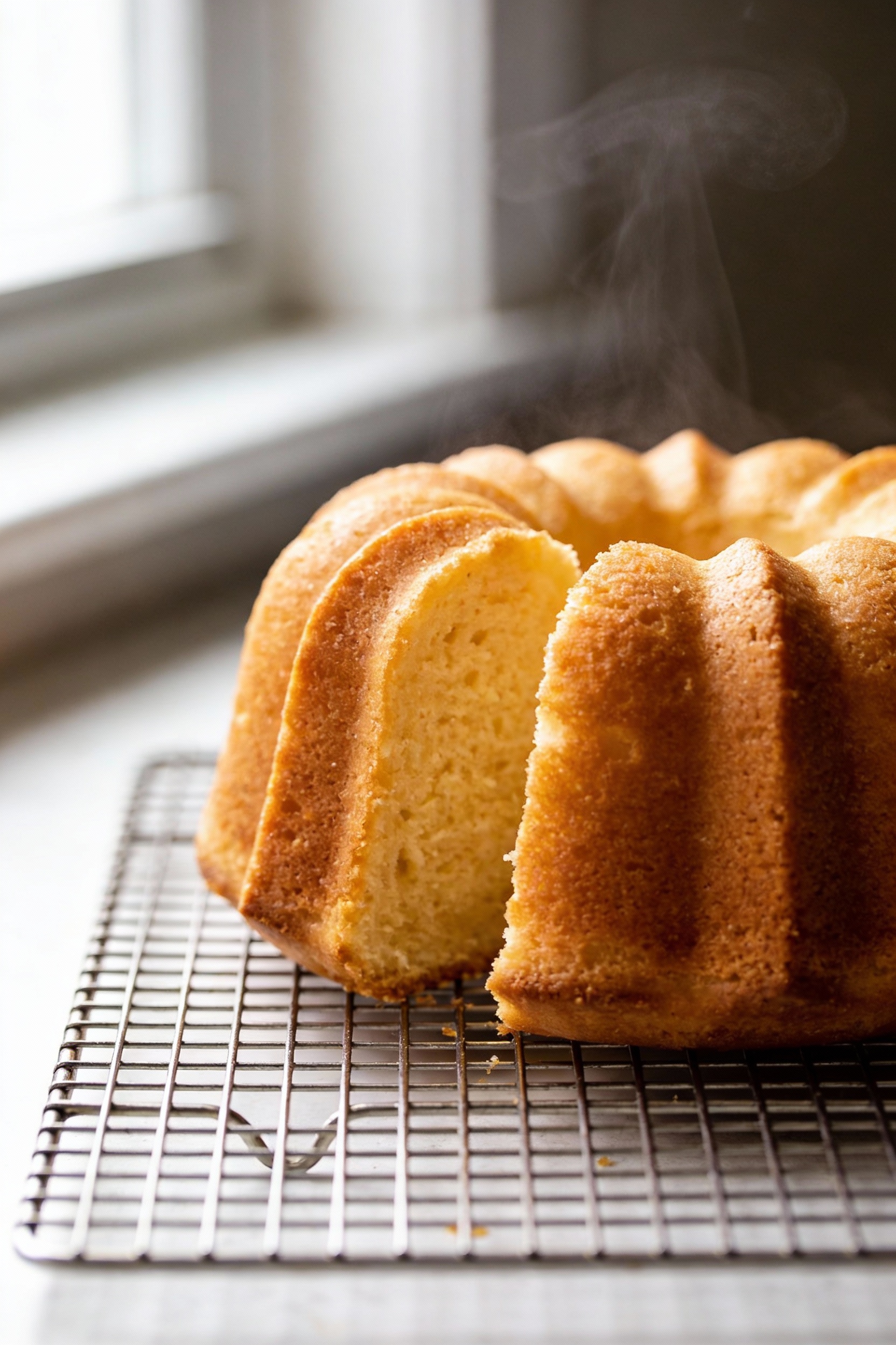 1. Close-up detail of a golden vanilla Bundt cake just unmolded on a wire rack, clean sharp ridges and tender crumb visi