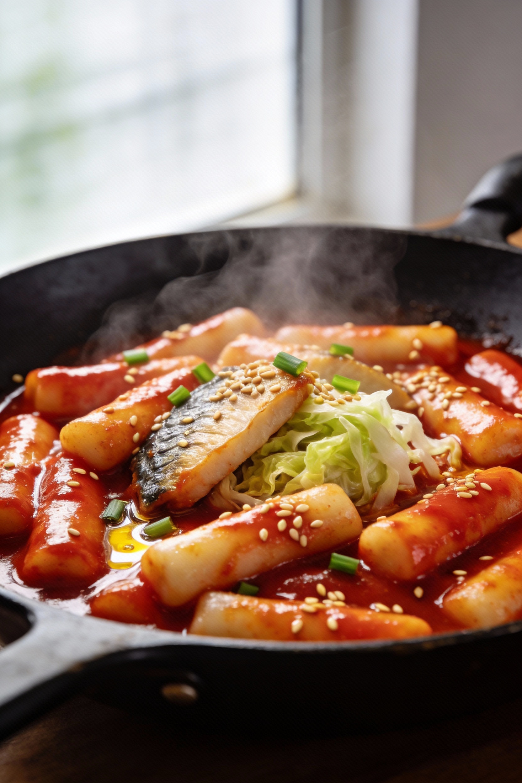 Cooking process close-up: spicy-sweet rice cakes simmering in a black skillet, thick glossy gochujang-red sauce clinging