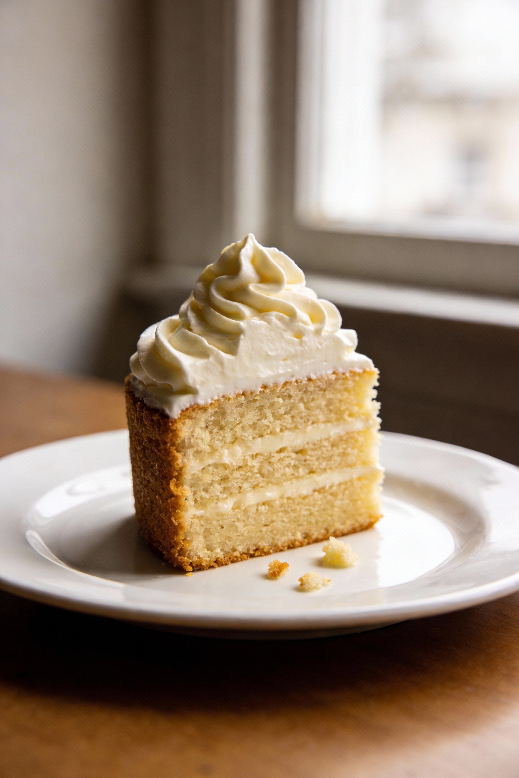 Close-up detail of a bakery-fresh vanilla layer cake slice showing a fine, moist crumb and delicate golden-brown edge, t