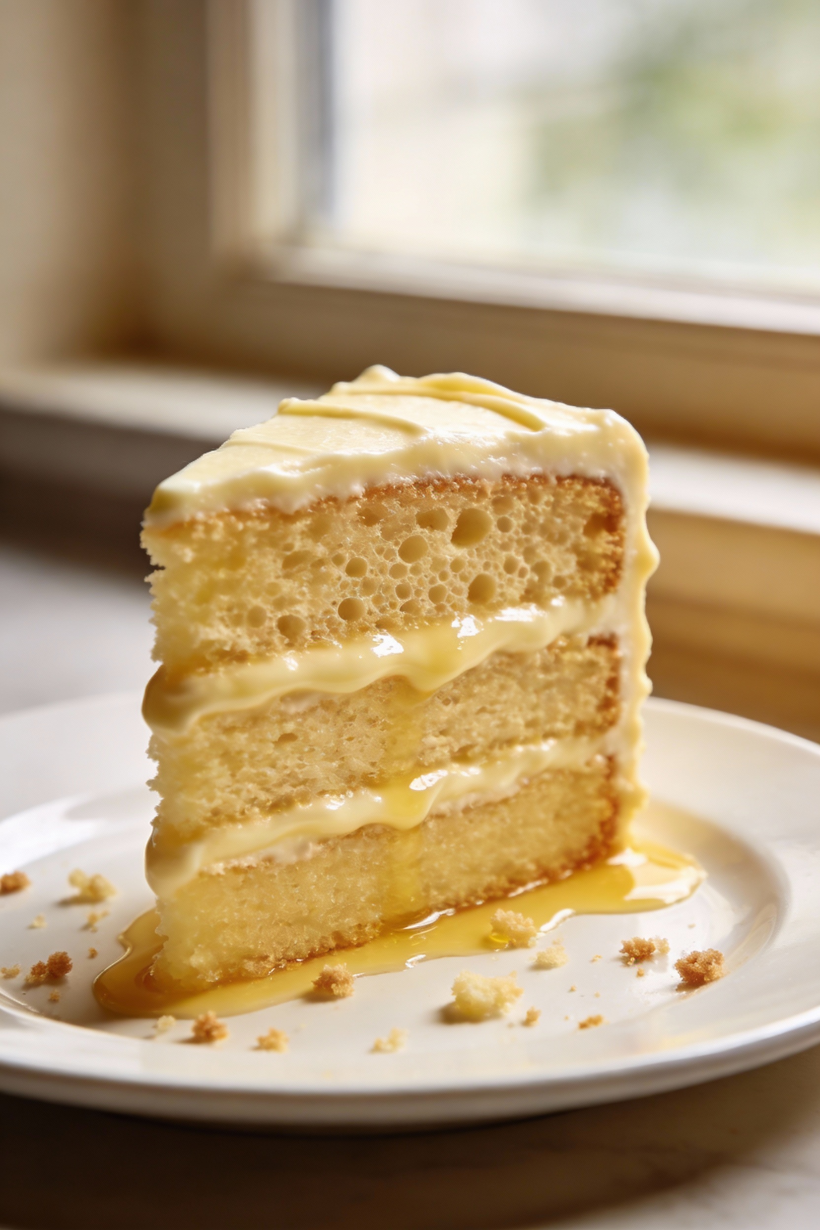 1. Close-up of vanilla layer cake slice showing tall, tender crumb with fine bubbles from the creaming method; thin vani