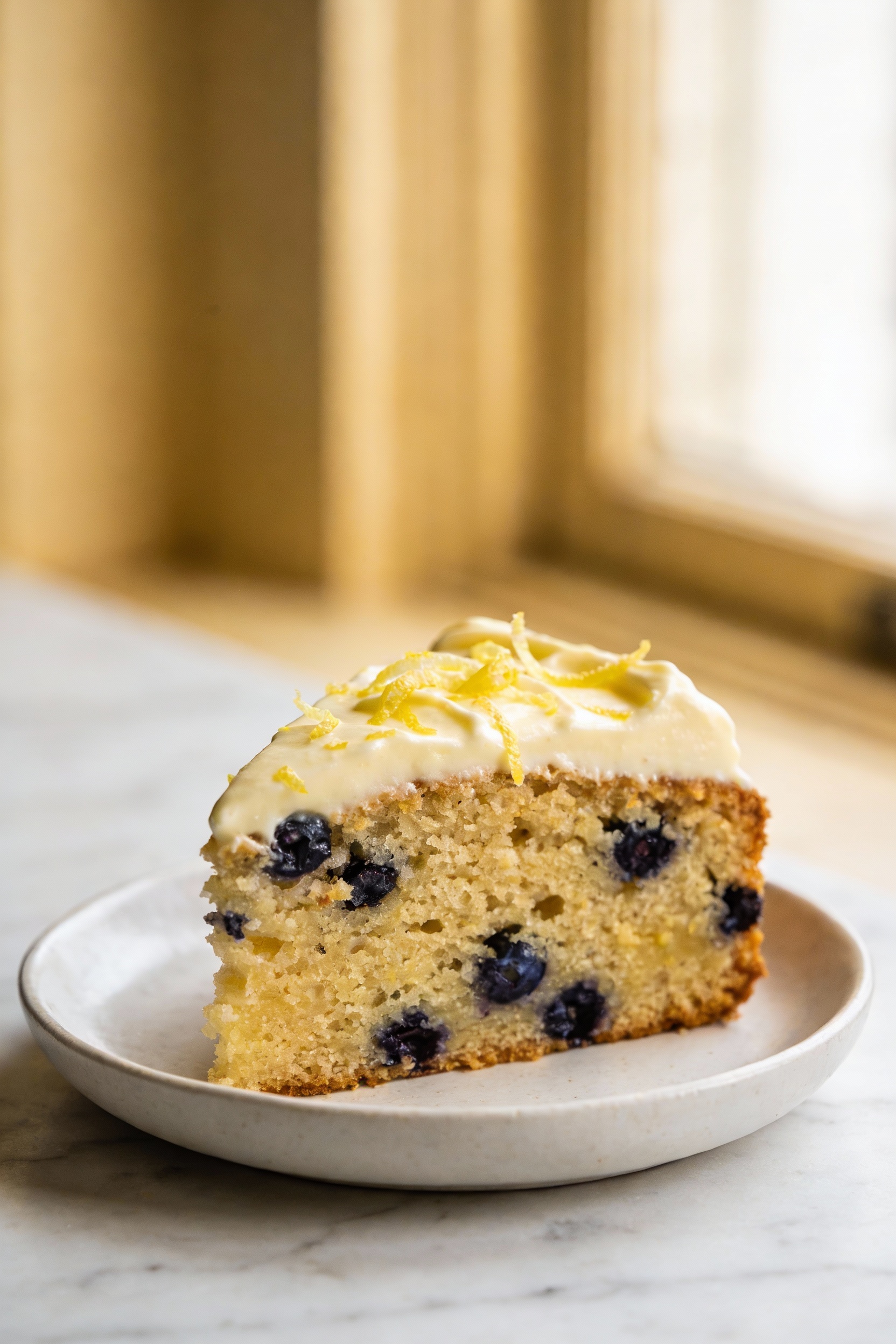 Close-up of a slice of lemon blueberry cake with tender, moist crumb studded with blueberries, topped with vanilla butte