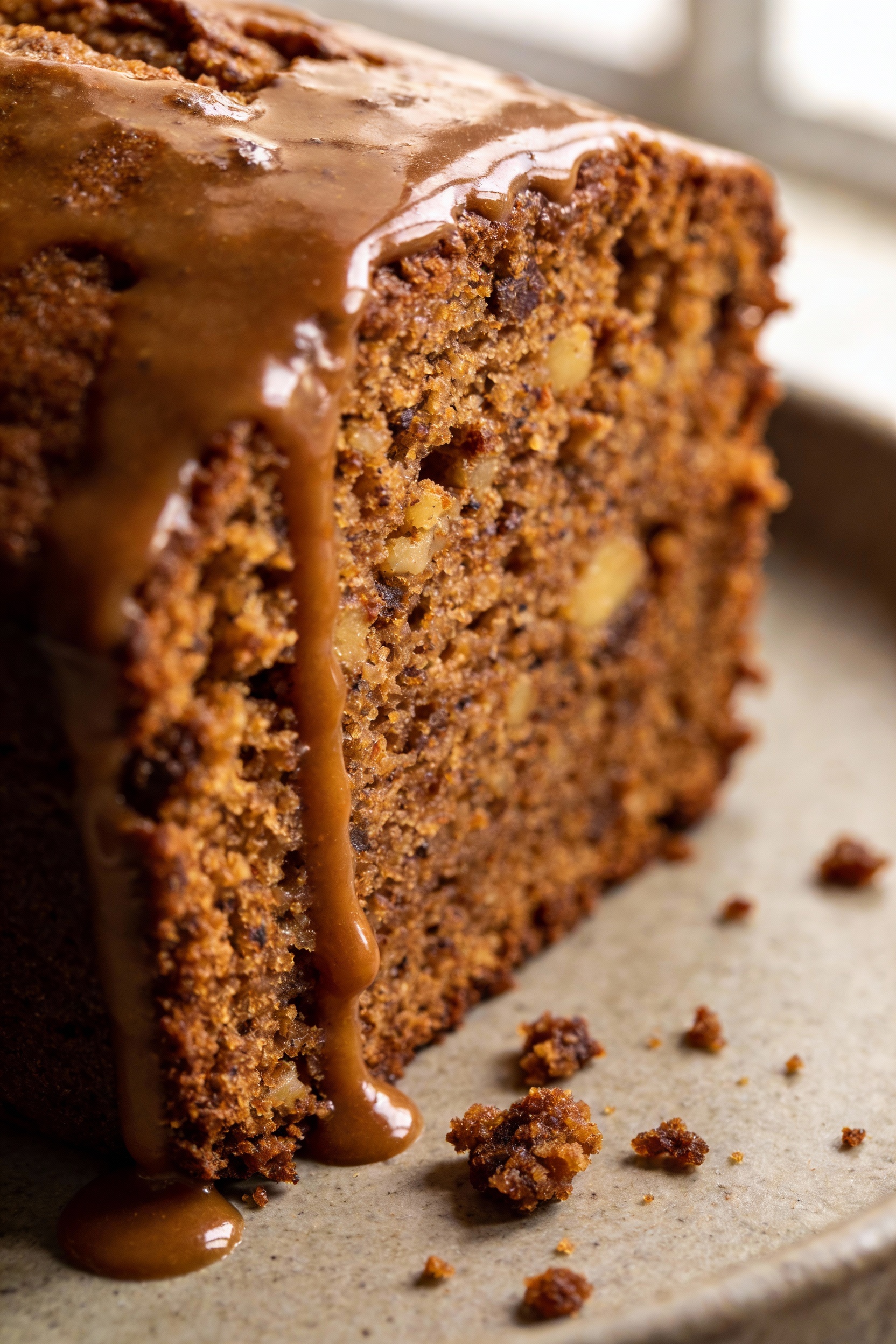 Close-up of a warm slice of spice cake with a molasses-deep, cinnamon–ginger speckled crumb, glossy brown butter glaze d