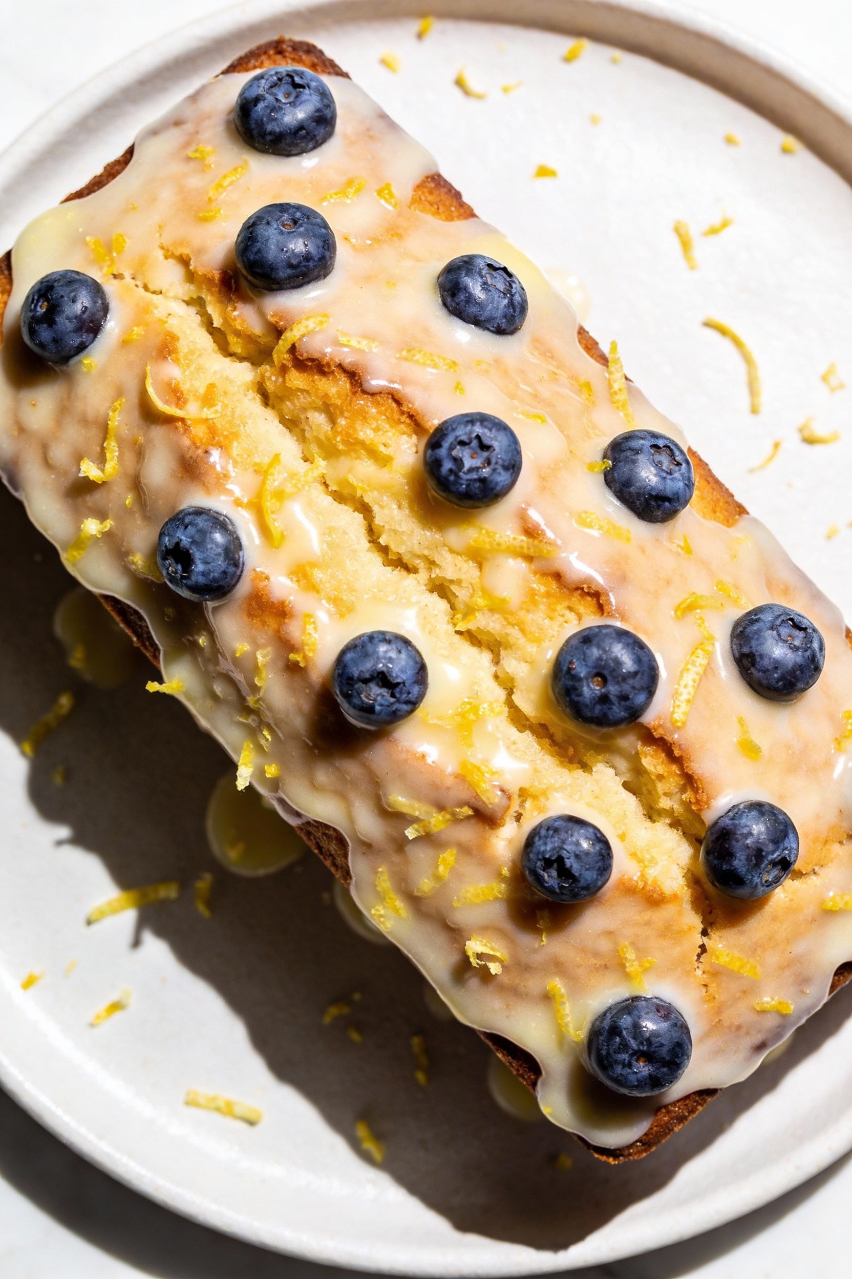 Overhead shot of Lemon Blueberry cake with glossy lemon glaze and scattered lemon zest, blueberries evenly visible on to