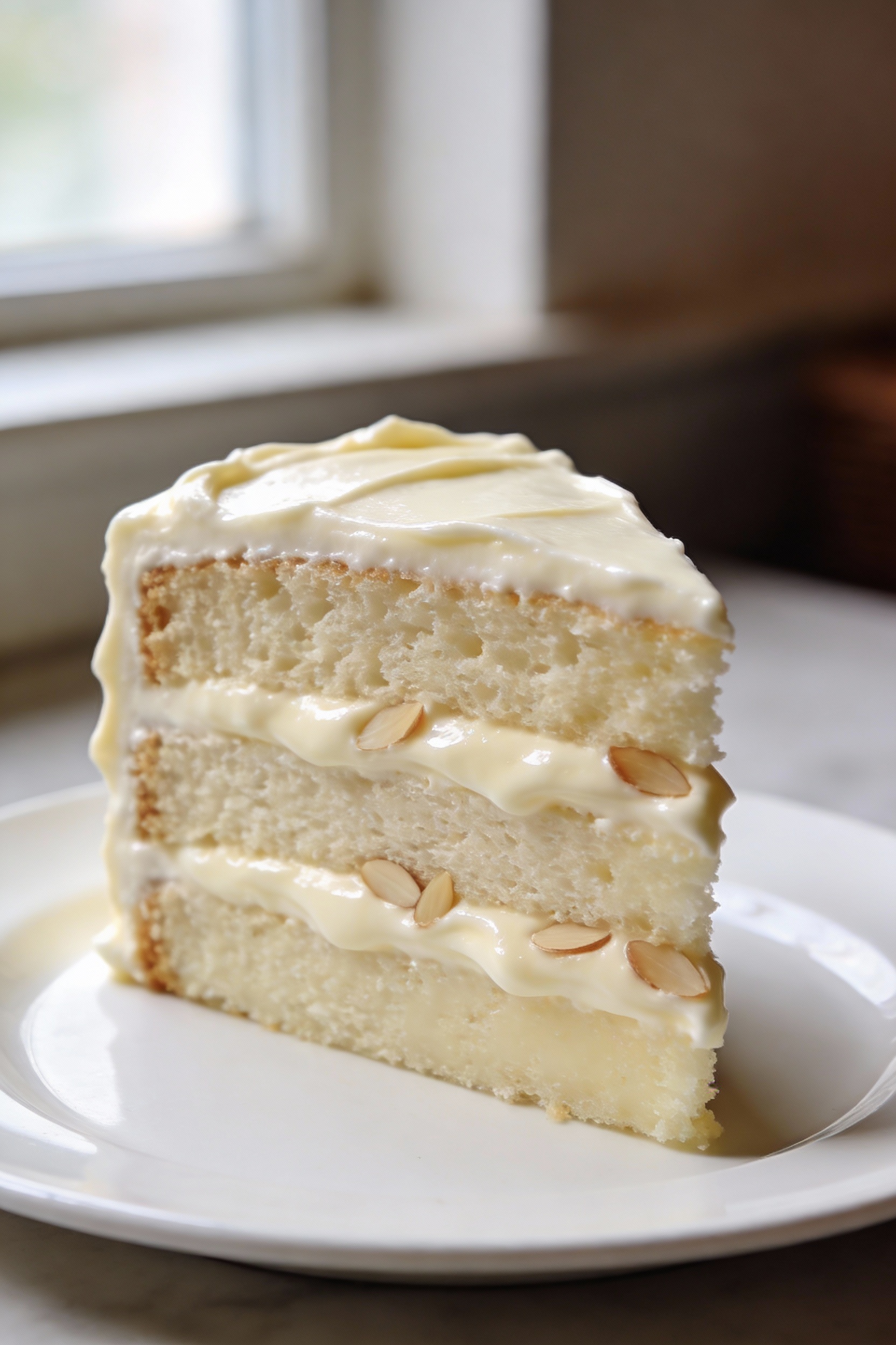1. Close-up of sliced classic bakery-style white cake showing pale, plush crumb (egg whites + pudding mix) and ultra-smo