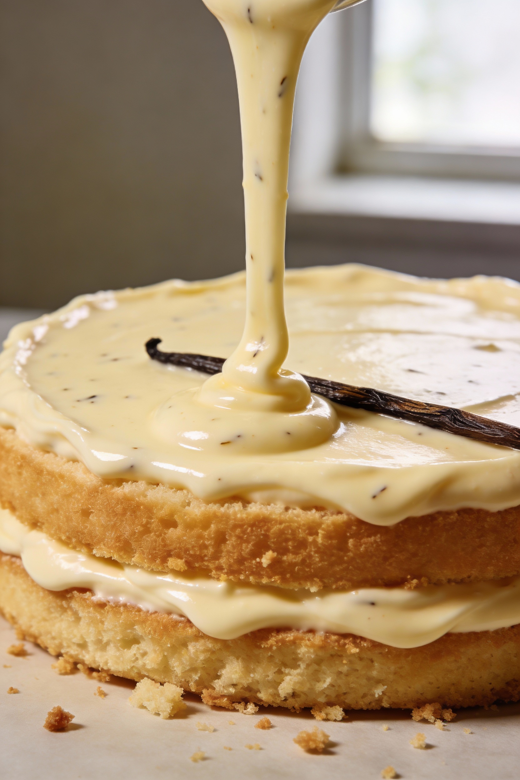 Macro close-up of silky vanilla pastry cream being smoothed between two leveled cake layers; pale custard with vanilla b