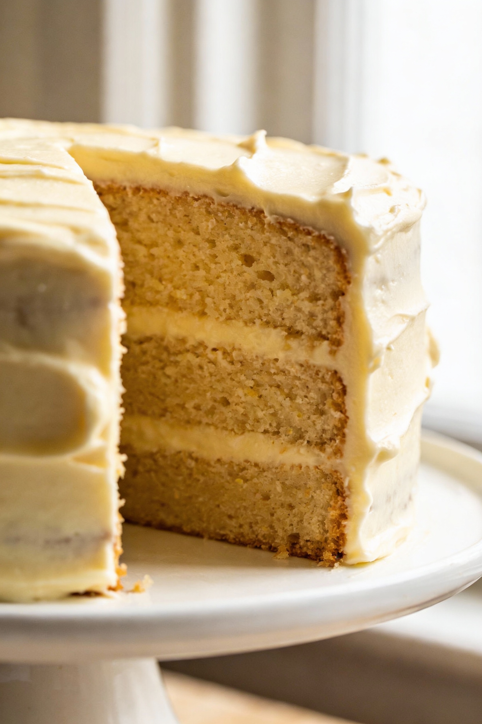 1. Close-up detail of a sliced gluten-free vanilla layer cake showing a tender, fluffy crumb with tiny bounce, frosted w